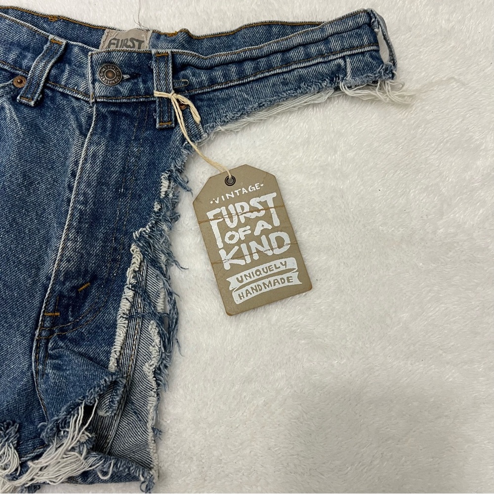 Furst of a Kind Upcycled Orange Tab Vintage Levi’s One Leg Denim Cutoffs Size S - Picture 6 of 12